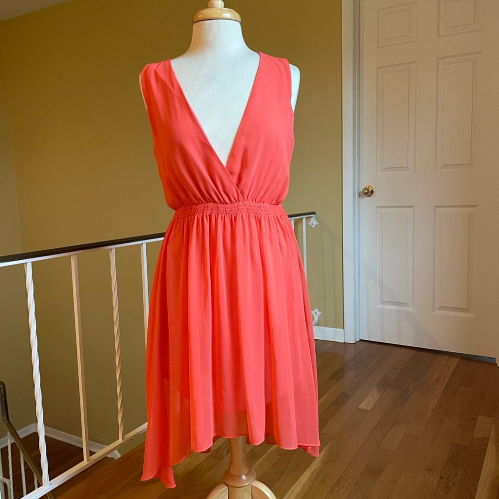 EUC Sheer Coral Halter Open Back High Low Dress Size Small